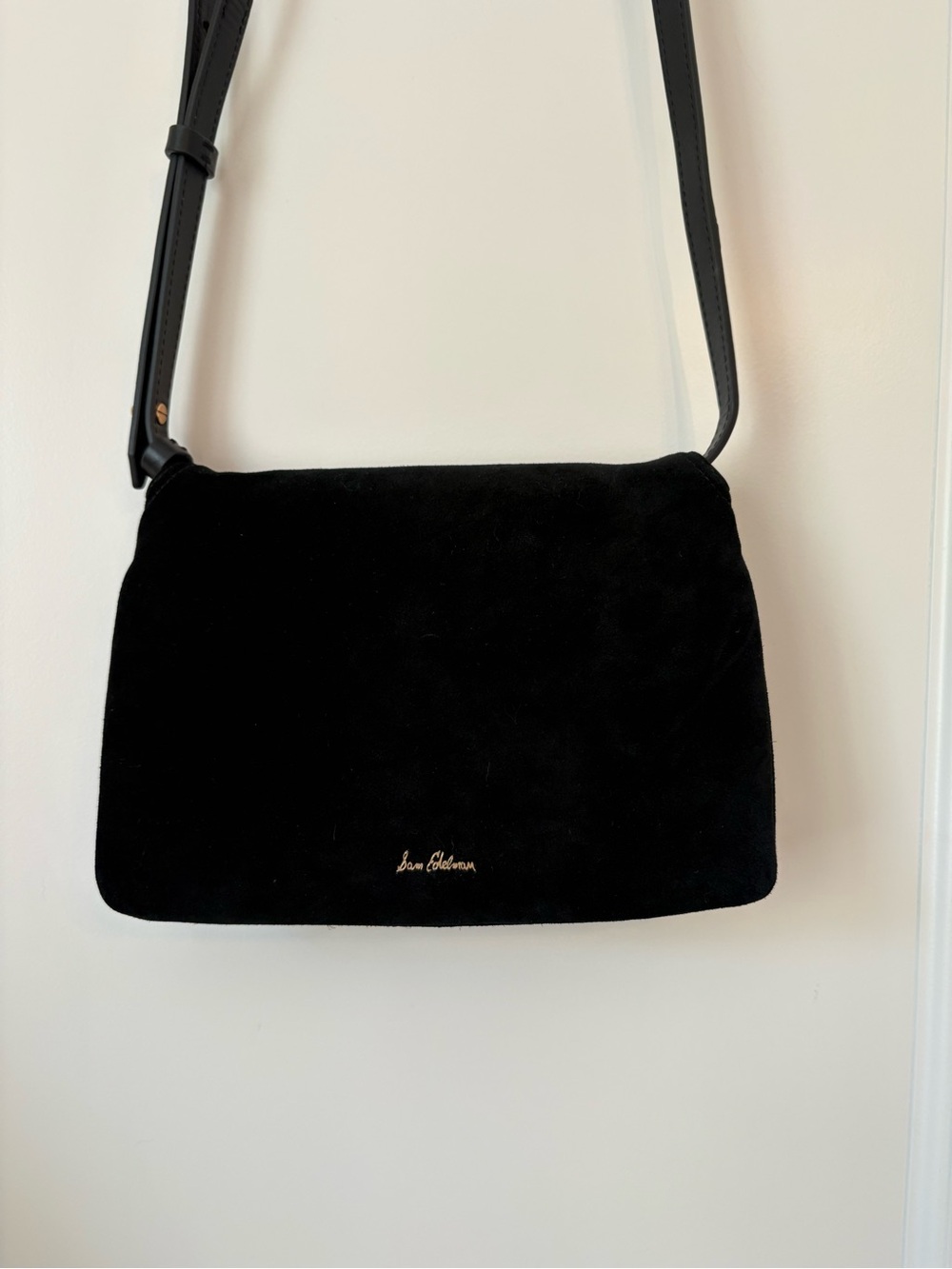 Sam Edelman Black Suede Shoulder Bag Gold Hardware Adjustable Strap - Picture 4 of 11
